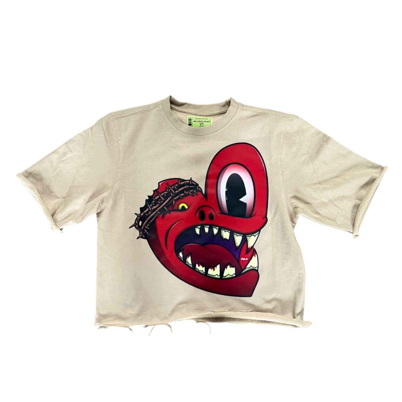 WLN1217 HEARTBREAKER COLLECTION HEART THORNED CROPPED CREWNECK (BEIGE)