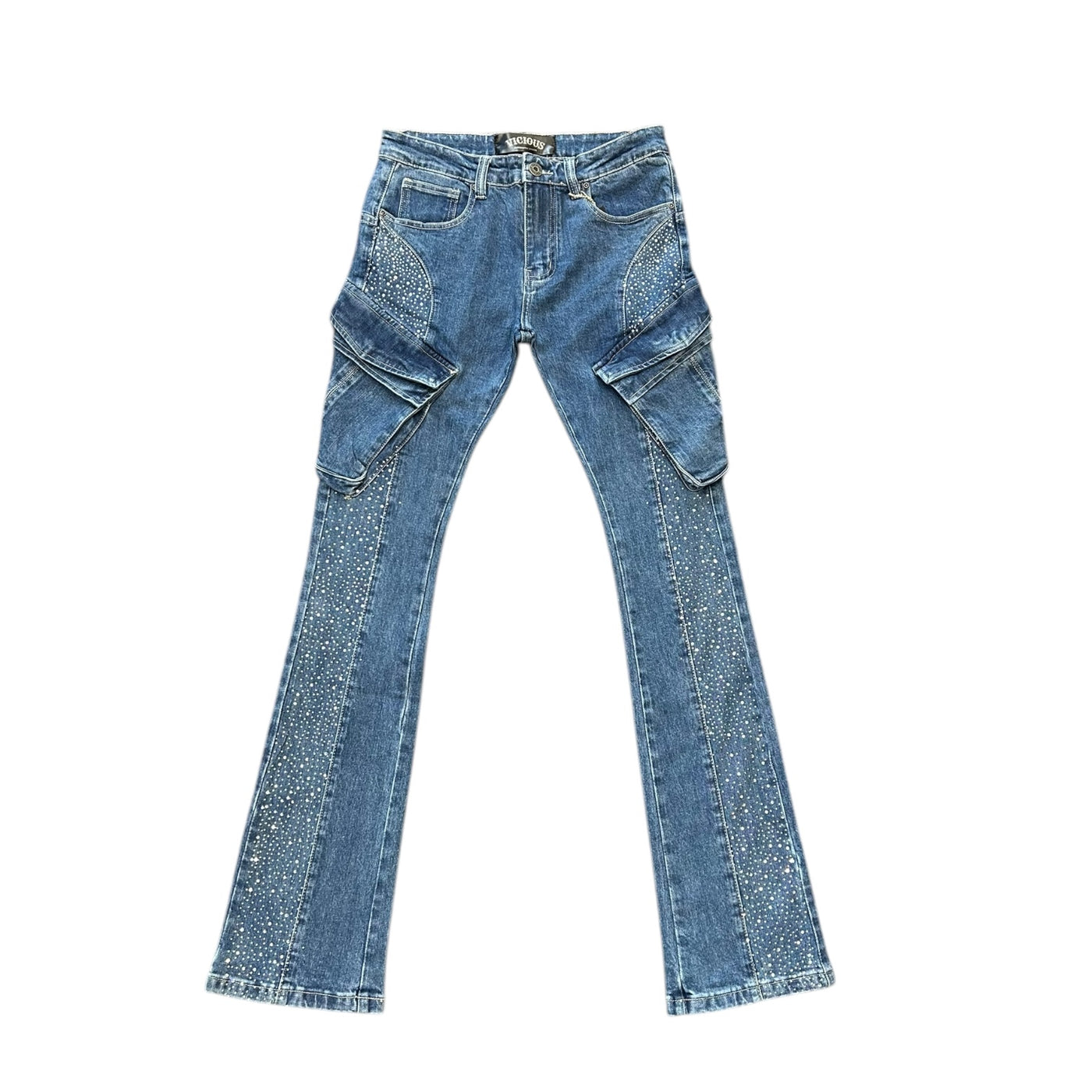 VICIOUS CARGO RHINESTONE JEANS (BLUE WASH)