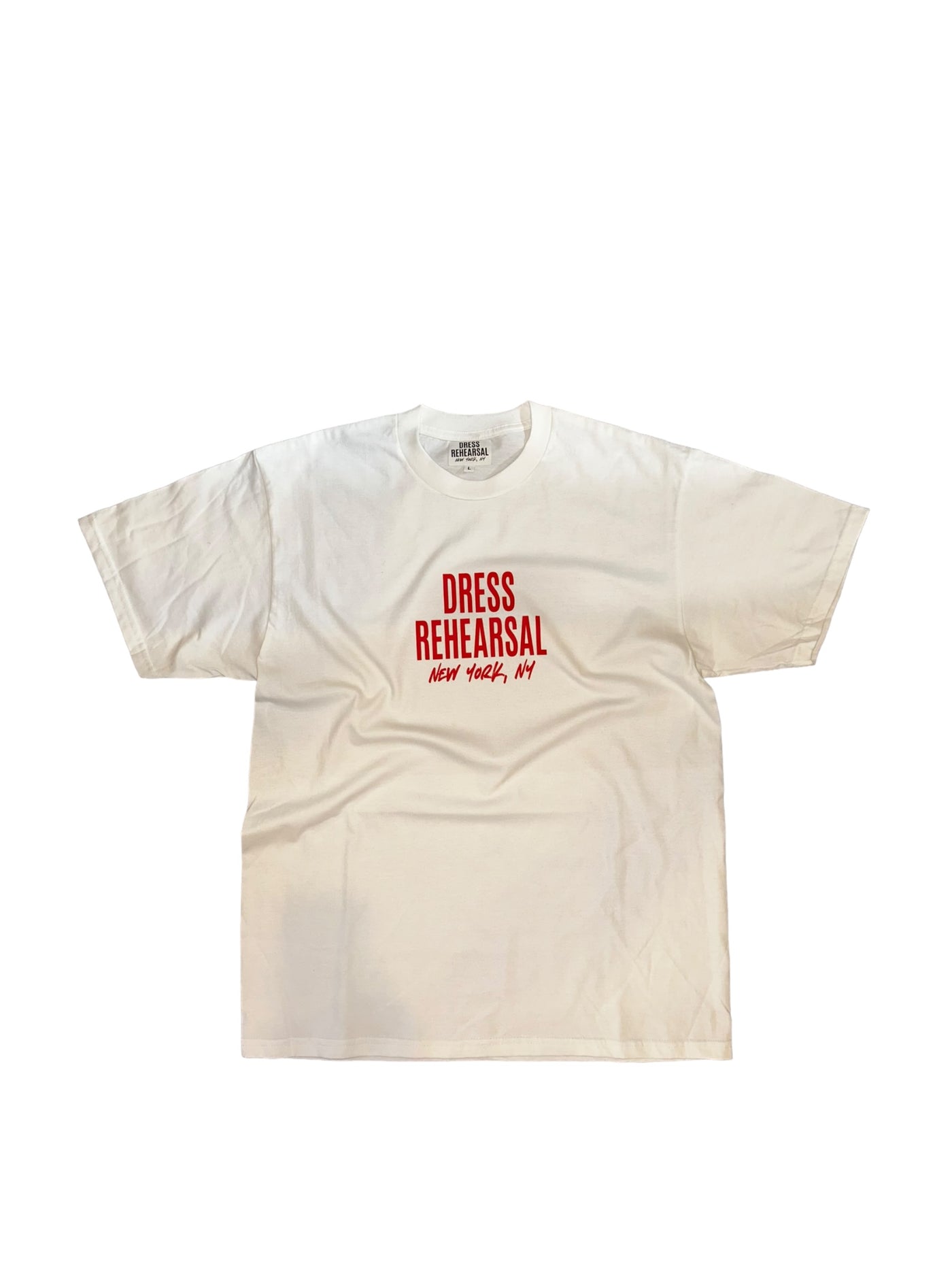 DRESS REHEARSAL BASIC TEE (RED WORDS/WHITE)
