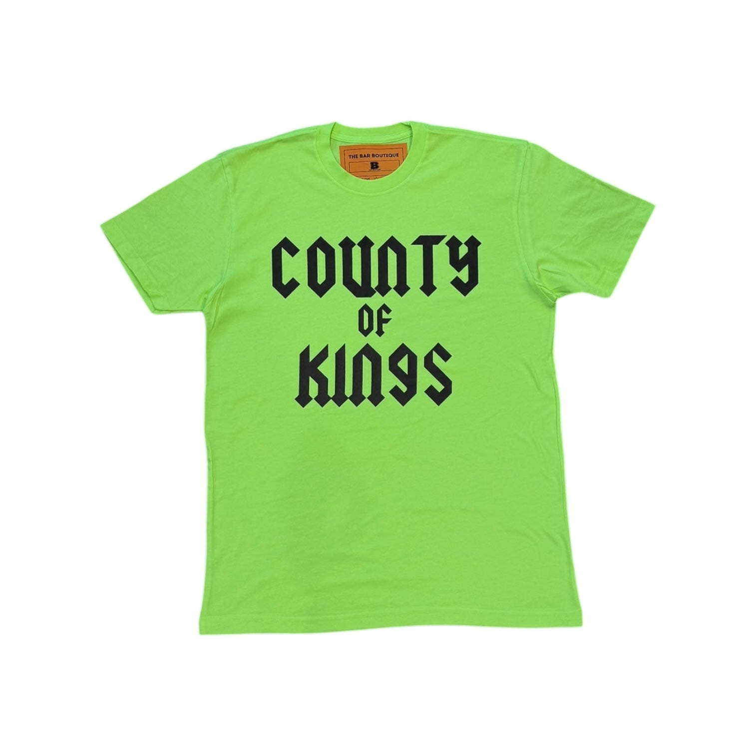 COUNTY OF KINGS (BLACK FRONT) TEE (NEON GREEN)