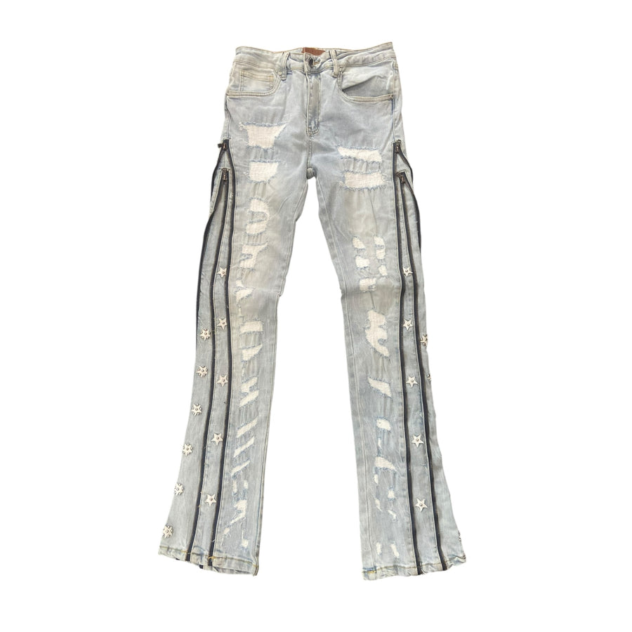 WEIMEA ZIPPER STAR STACKED JEANS (LIGHT BLUE)