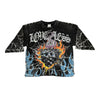 TAKERS LOVELESS CROPPED T-SHIRT WITH DIGITAL PRINT, PYRAMID STUDS & RHINESTONES (BLACK)