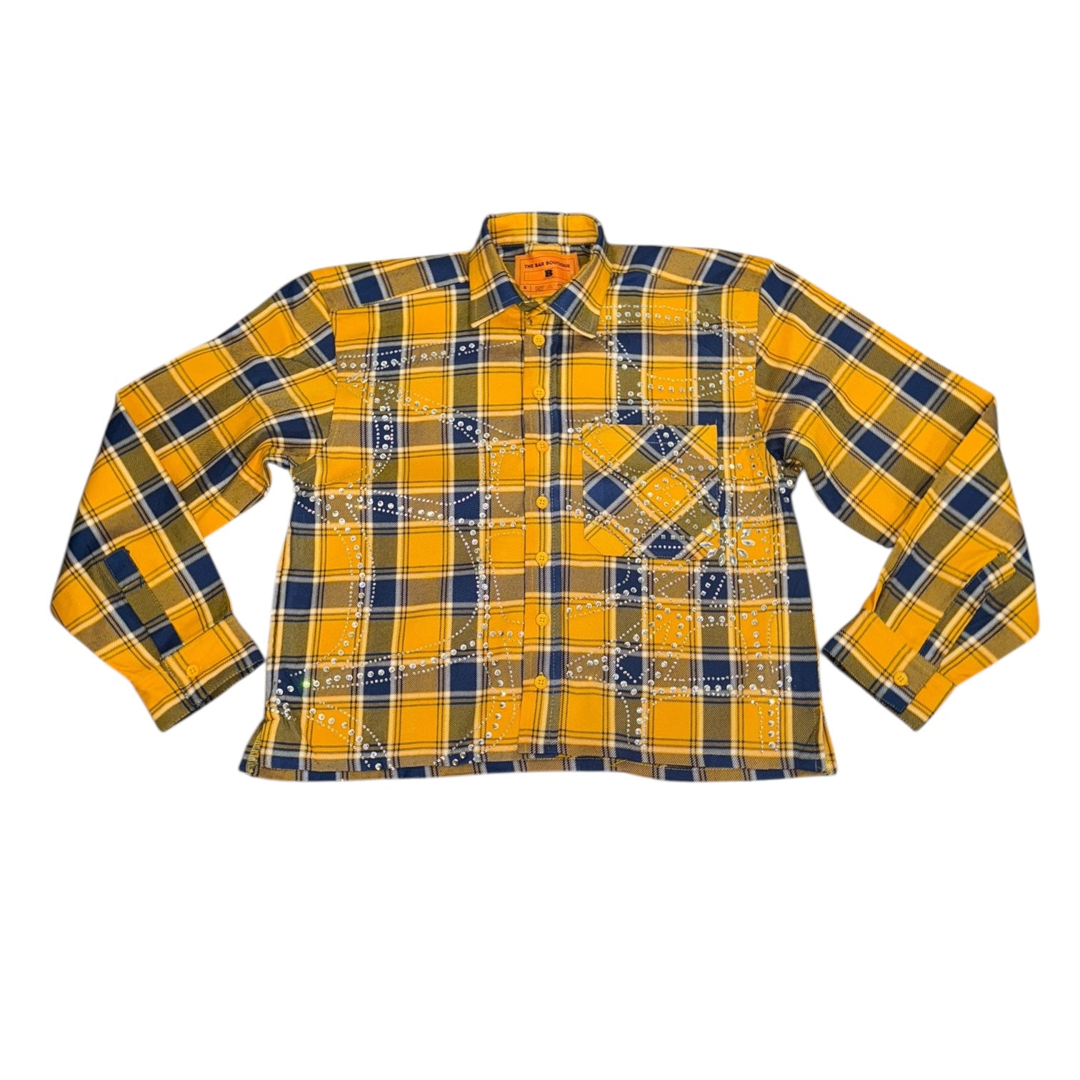 BB RHINESTONE PLAID FLANNEL CROPPED BUTTON UP (YELLOW)