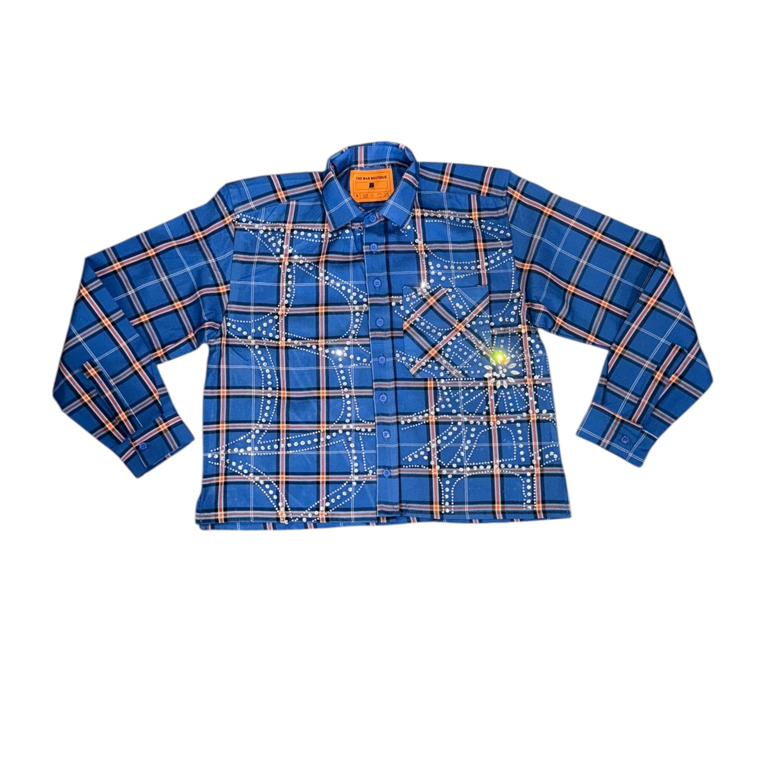 BB RHINESTONE PLAID FLANNEL CROPPED BUTTON UP (BLUE)