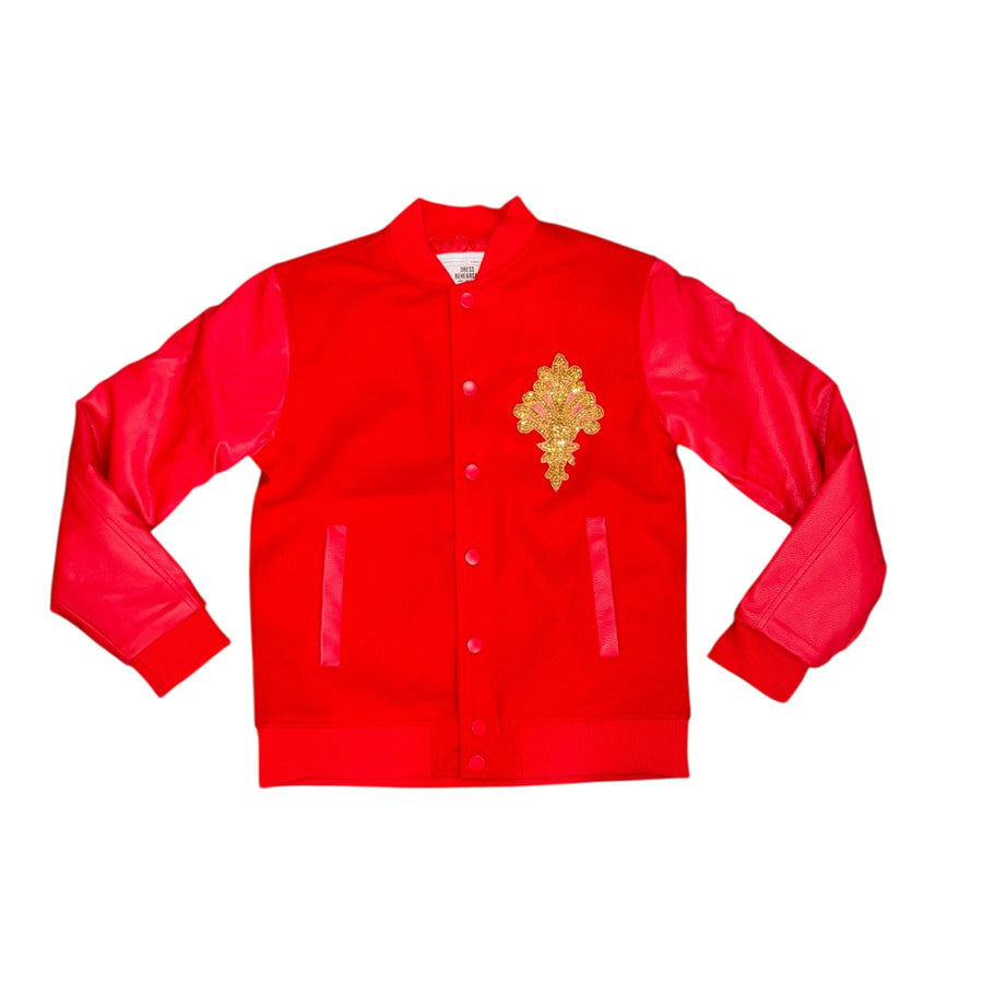 DRESS REHEARSAL RHINESTONE BROOCH VARSITY JACKET (RED)