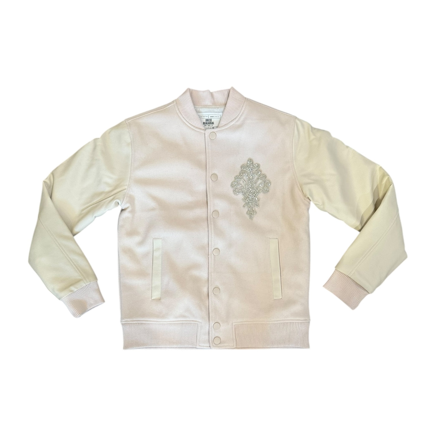DRESS REHEARSAL RHINESTONE BROOCH VARSITY JACKET (OFF WHITE)