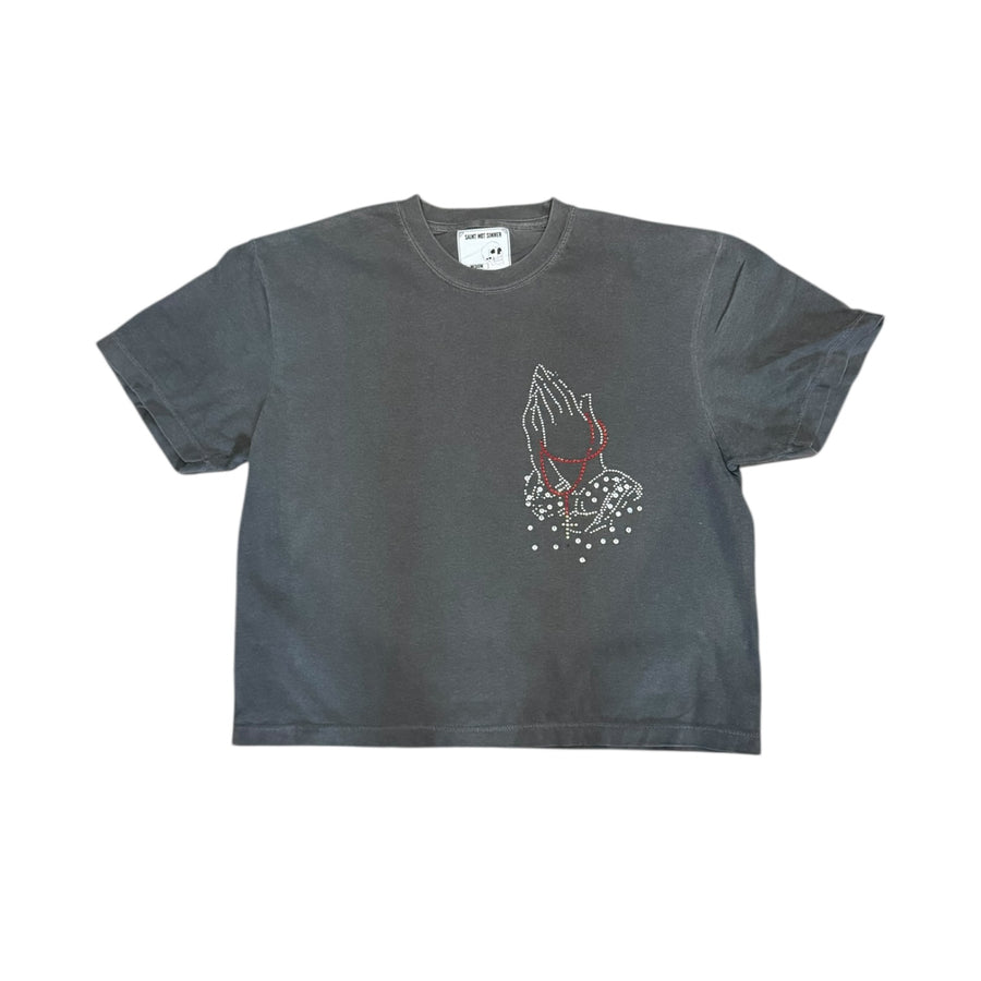 BB RHINESTONE GOD GOT ME UNISEX CROPPED TEE (CHARCOAL)