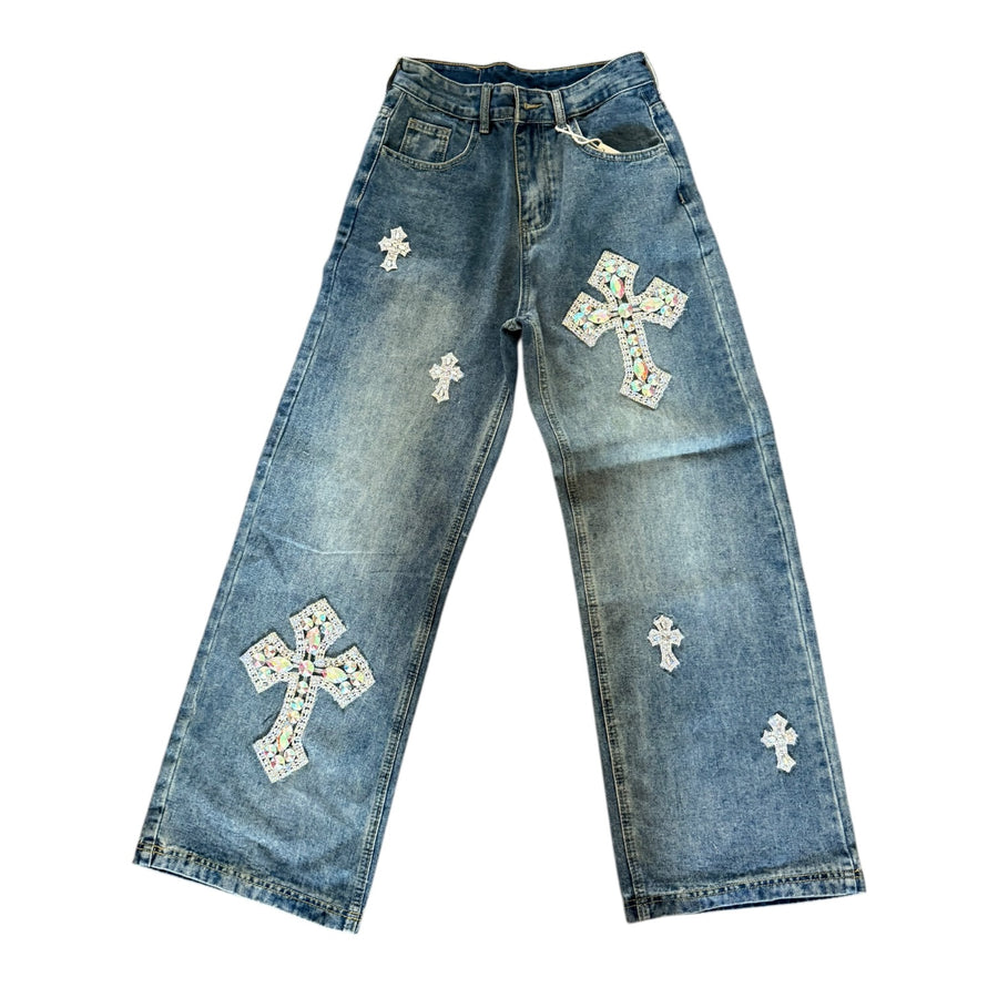 UNHINGED CROSS RHINESTONE EMBELLISHMENTS BAGGY JEANS