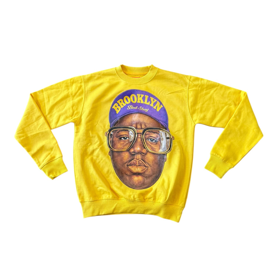 BIGGIE BED-STUY RUNNING HAT (PURPLE) CREWNECK SWEATSHIRT (YELLOW)