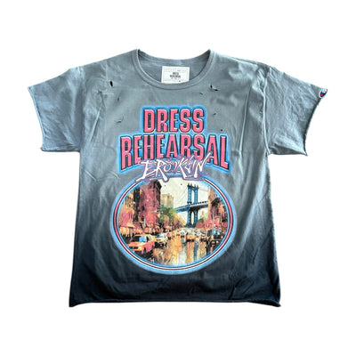 DRESS REHEARSAL FROM BROOKLYN NY DISTRESSED TEE (WASHED OMBRE GREY/BLUE)