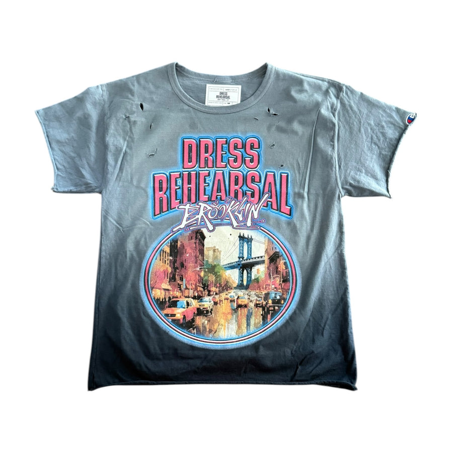 DRESS REHEARSAL FROM BROOKLYN NY DISTRESSED TEE (WASHED OMBRE GREY/BLUE)