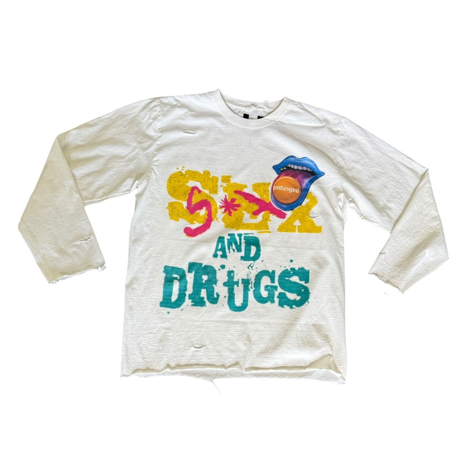 UNHINGED SEX & DRUGS DISTRESSED LONG SLEEVE TEE (WHITE)
