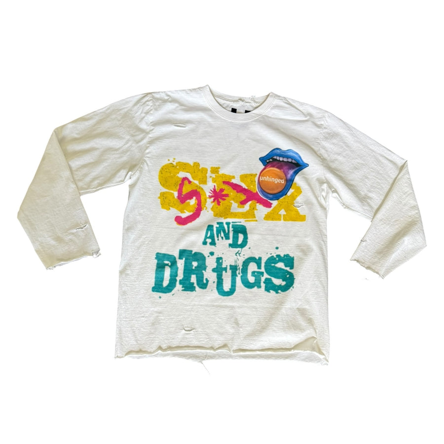 UNHINGED SEX & DRUGS DISTRESSED LONG SLEEVE TEE (WHITE)