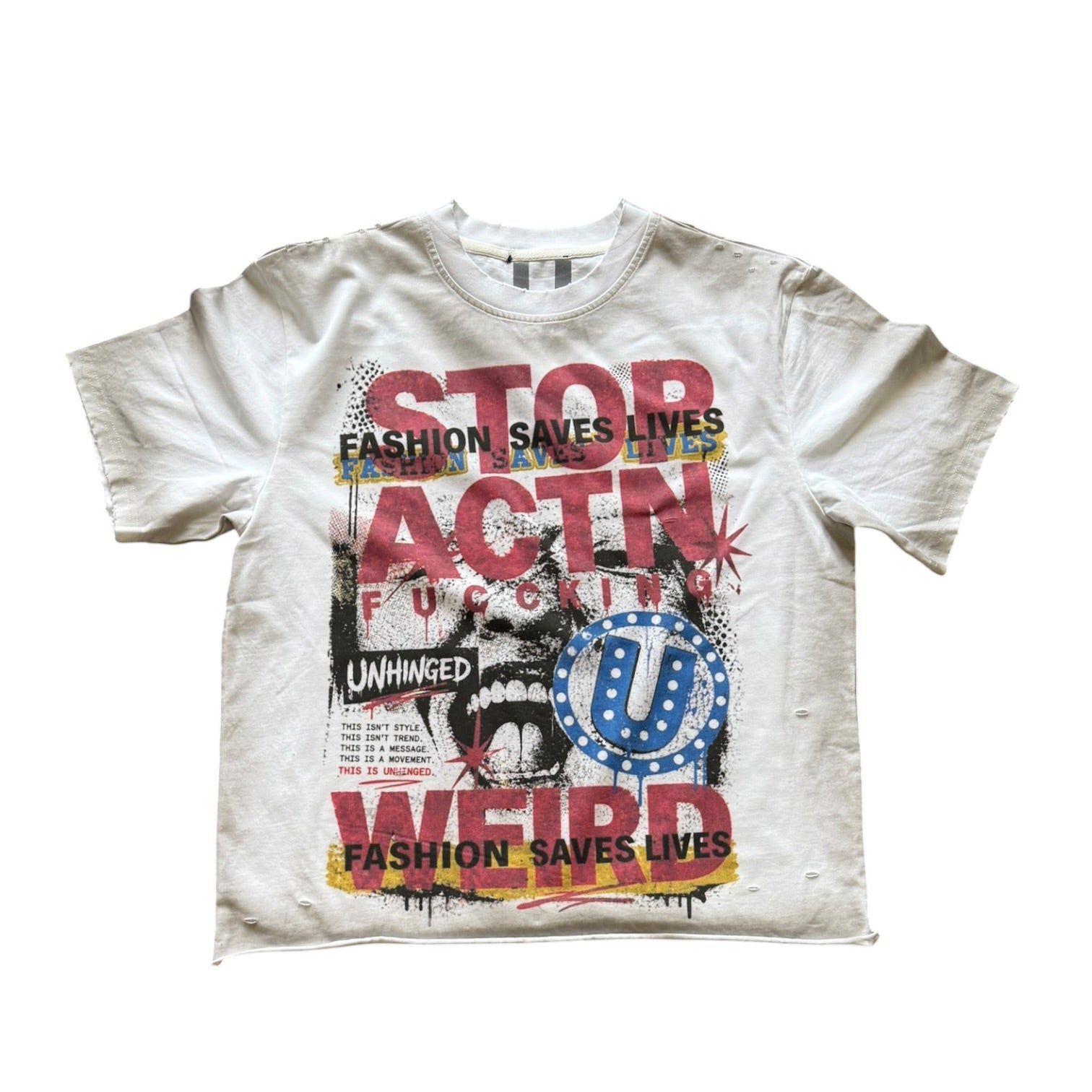 UNHINGED STOP ACTING WEIRD DISTRESSED TEE (WHITE/GREY)